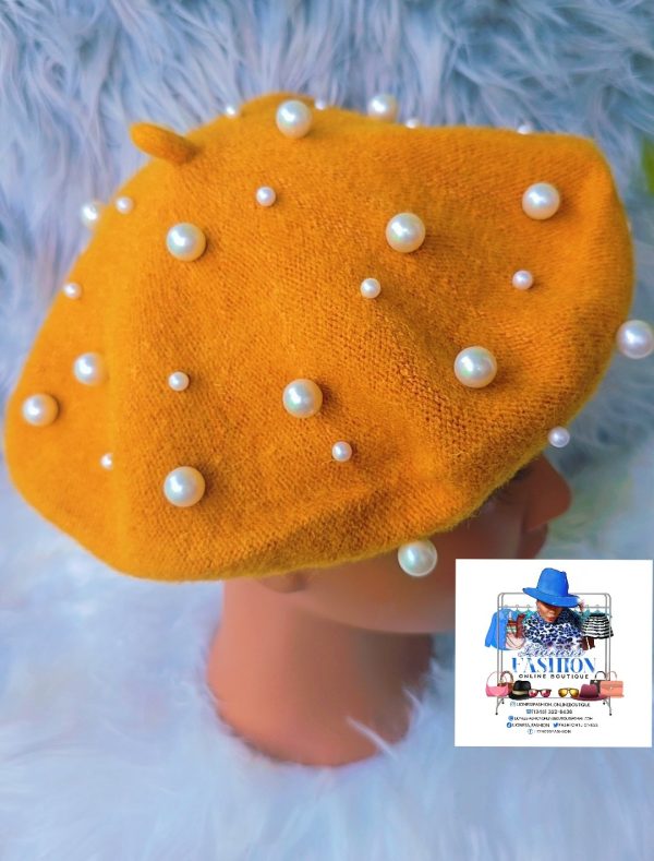 Mustard Yellow Beret with Pearls - Image 2