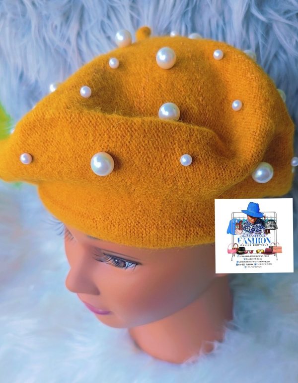 Mustard Yellow Beret with Pearls - Image 3