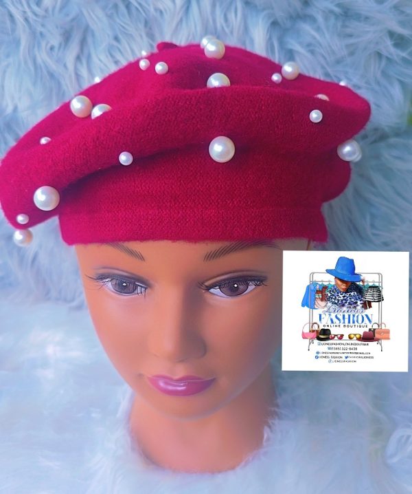 Burgundy Red Beret with Pearls - Image 2