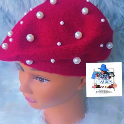 Burgundy Red Beret with Pearls