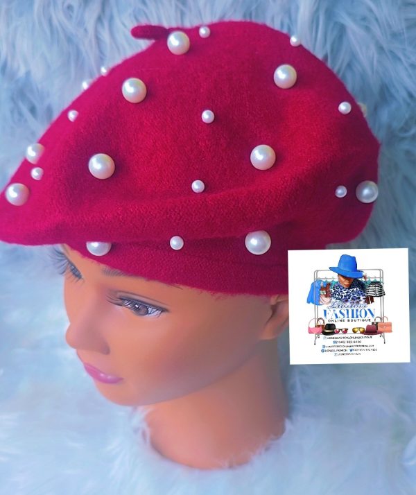 Burgundy Red Beret with Pearls