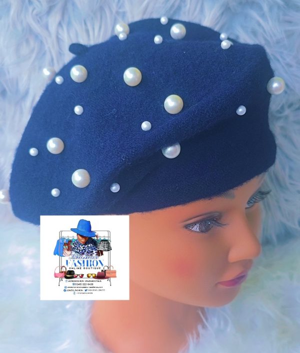 Navy Blue Beret with Pearls