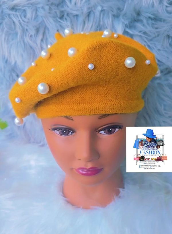 Mustard Yellow Beret with Pearls