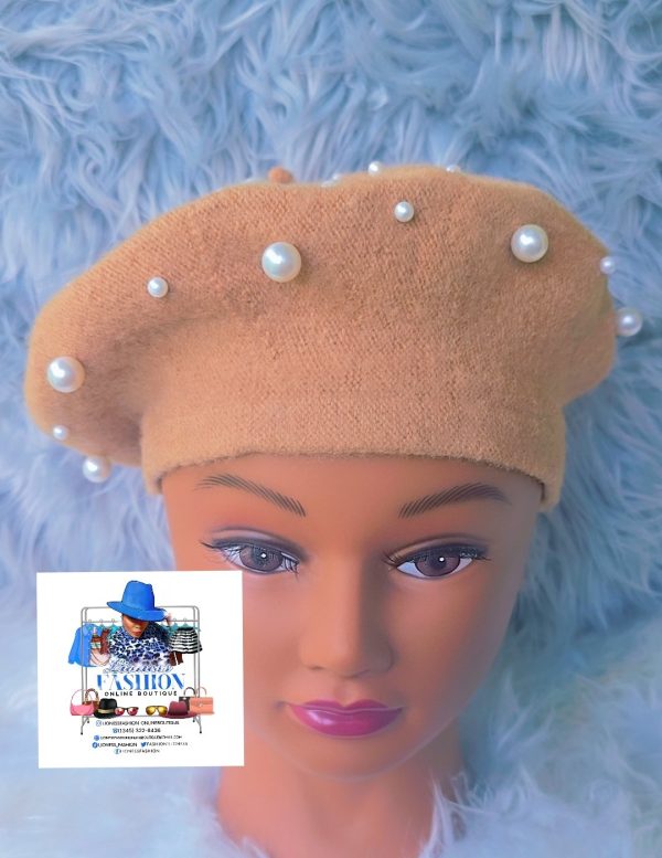 Caramel Brown Beret with Pearls - Image 2