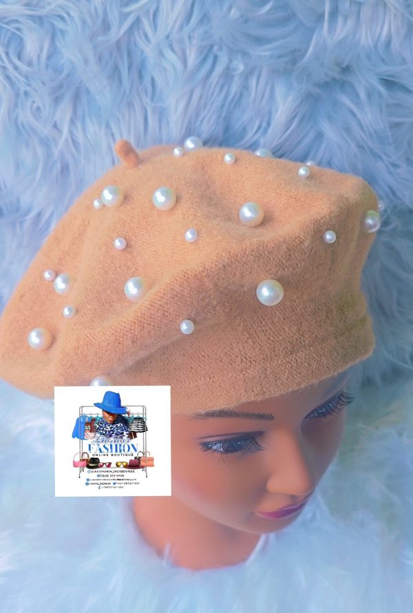 Caramel Brown Beret with Pearls - Image 3