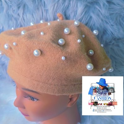 Caramel Brown Beret with Pearls