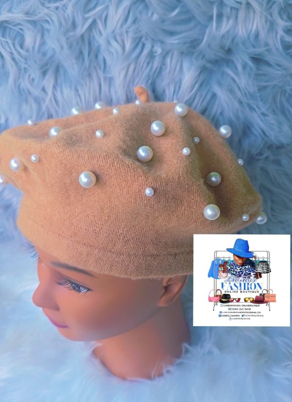 Caramel Brown Beret with Pearls