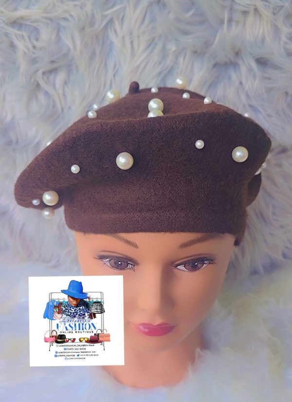 Chocolate Brown Beret with Pearls