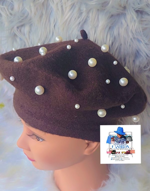 Chocolate Brown Beret with Pearls - Image 2